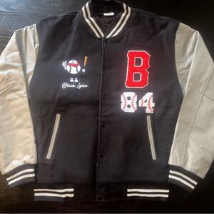 Custom Black & Silver Varsity Bomber Jacket with Red Lettering
